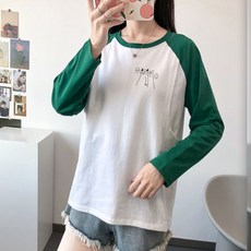 孕婦貓咪印花拼色長袖上衣