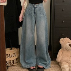 PEONIST 女款雙排扣高腰寬版牛仔褲