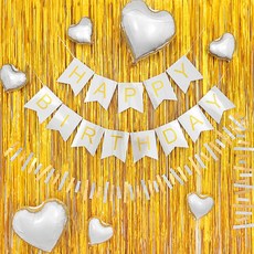 生日派對 銀箔窗簾 + 三角旗裝飾組, 雷射金色 亮面銀色, 1套