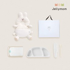 jellymom 新生兒禮盒 護頭防摔背帶枕+矽膠托盤+輔食湯匙+包巾組, 兔子奶油(保護套)、白色(盤)、奶油米色(湯匙), 1組