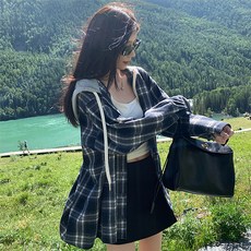 DMELD 女款連帽休閒格紋襯衫