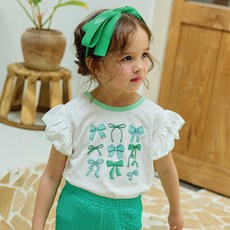 키키모라 여아용 통기성 프린트 리본 티셔츠