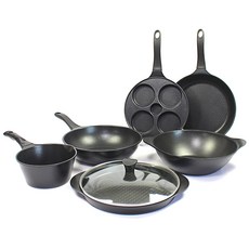 chefria 不沾鍋七件組 黑色, 平底鍋28cm+炒鍋28cm+砂鍋28cm+法國砂鍋28cm+玻璃蓋28cm+醬料鍋18cm+4格煎蛋鍋, 1組