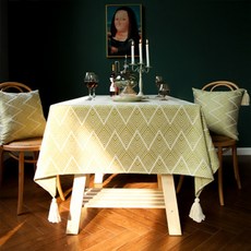 簡潔圖案大流蘇桌布, 鋸齒紋黃色, 90 x 90 cm, 1個