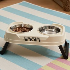 DING DONG PET 寵物格紋雙碗折疊式不鏽鋼餐具 2口, 象牙白, 1個