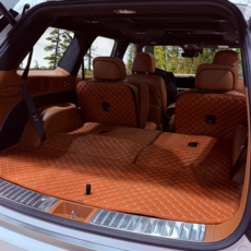 ANGEL CARMAT 全套防刮防污完美貼合車宿菱格紋後車廂墊 + 椅背套組, The All-New Palisade LX3 9人座 (自動折疊), 棕色