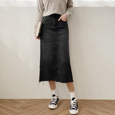 gavijean 女款後鬆緊帶下擺開衩牛仔中長裙