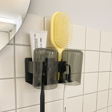 Living Gonggam 免鑽孔牙刷架 刮鬍刀牙膏架 + 漱口杯組 2格, 1個, 灰色