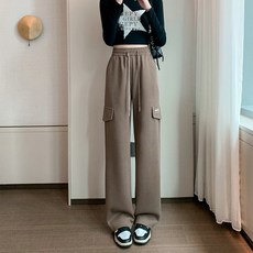 PEONIST 女款鬆緊腰帶直筒基本款工裝褲