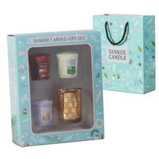 YANKee CANDLe Votive香氛蠟燭3入組 + 蜂巢燭台禮物組 + 提袋, 黑櫻桃, 純淨棉花, 檸檬薰衣草, 混合色