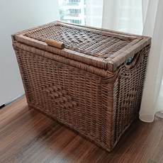 藤編長方形附蓋收納藤籃, 1個, 棕色