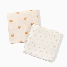 夢扉 Mimilu 嬰幼兒用棉紗安撫毯 2件組, 駝色熊, 檸檬鬱金香