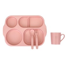 Dailylike Bonbon 兒童玉米材質環保餐具組, 01草莓粉, 1組, 餐盤+馬克杯+湯匙+叉子