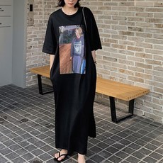 復古男孩印花T恤連身長裙, 黑色