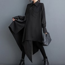 ATTERLIC 獨特大且長版不對稱襯衫式洋裝 10831, 黑色