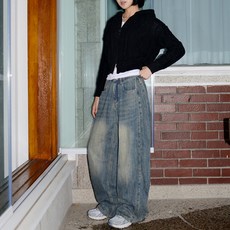 SUBI.JEANS 女性短版刷毛側邊摺疊寬版牛仔褲 SP291-1