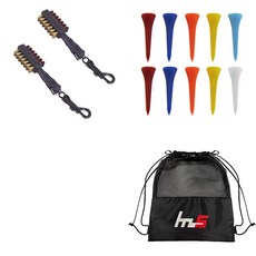 NAYASTYLE 高爾夫球桿頭清潔器 2入 隨機出貨+塑膠高爾夫短球梯 10入 隨機出貨+收納袋套組 GFYP-31-5+167-1PU, 混色, 1套