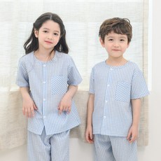 보누맘 아동용 냉감 통기성 코코 체크 시어서커 잠옷 상하의 세트