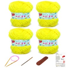 幸福編織 Super Bong Bong 編織線 4入 + 輪針 4.5mm + 縫針 + 標籤 + 4種圍巾織圖 套組, 1套, 黃色