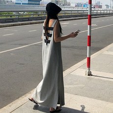 퀸앤조이 여성용 통기성 백 테이핑 롱롱 멜빵 원피스