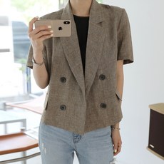 빼빼 여성용 통기성 바나 글렌체크 반팔 린넨 자켓