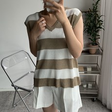 뜨개진 여성용 루즈핏 스트라이프 데보라 나시