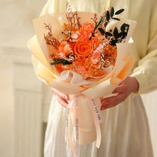 센트바스켓 생화 프리저브드 꽃다발 L + 쇼핑백 + 카드 세트, 선셋오렌지