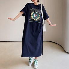 女款大尺碼角色印字T恤連身長裙, 海軍藍