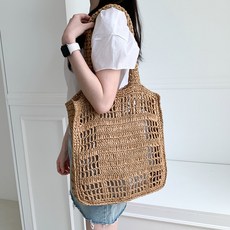 大容量網狀藤編拉菲亞草方形海灘肩揹包 2514