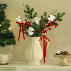 ScentBasket 感性陶瓷壺花瓶 + 聖誕冷杉棉花人造花束套組, 奶油色(花瓶), 1套