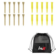 NAYASTYLE 木質高爾夫標準球梯 10入 + 塑膠高爾夫長球梯 黃色 10入 + 收納袋套組 GFYP-182-2 + 177-2PU, 木質, 黃色