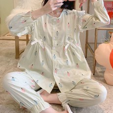 Damon孕婦木紋圖案圓領蝴蝶結睡衣上下套裝 ana317