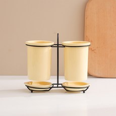 Mondspot 奶油黃 排水陶瓷微笑 HI OK 餐具筒附托盤套組 YY57425, 1套, A