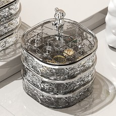生活共感 3層寶石珠寶飾品旋轉收納盒, 透明灰色, 1個