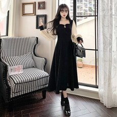 피어니스트 배색 스퀘어넥 퍼프소매 롱 원피스 빅사이즈 포함