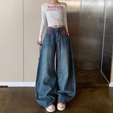 德芙洛商務 女款青春少女風格紋口袋寬版氣球牛仔褲