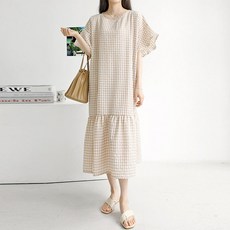 TEETAK 女款大尺碼日常寬鬆版型圓領格紋泡泡紗荷葉邊短袖長版連身裙 TTCF34, 米色