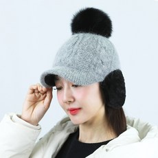 lupeo 冬季保暖女士安哥拉針織狐狸毛球耳罩高爾夫球帽, 灰色耳罩, 1個