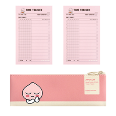 KAKAO FRIENDS 現代風格迷你扁平鉛筆盒 + 振奮學習便籤紙時間跟踪 2入, 1組, 粉紅色(鉛筆盒)，桃紅色(備忘錄紙)