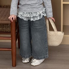 Yubly 兒童長版蕾絲荷葉邊寬版牛仔褲