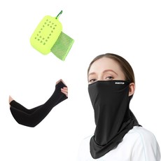 掛耳式涼感護頸面罩+涼感袖套+涼感運動巾, 黑色（面膜、Toshi）、綠色（毛巾）