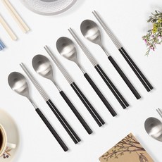 RAONNURI 無刮痕 Della 全不鏽鋼彩色餐具4件組, 湯匙 4p + 筷子 4p, 深黑色, 1套