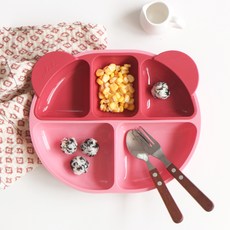 ade.l 孩童矽膠餐盤組, 奶油粉色+珊瑚紅, 3格餐盤(大)+3格餐盤(小)