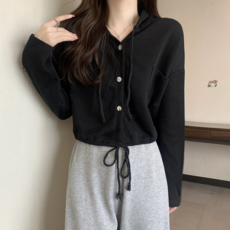 PEONIST 短版落肩鈕扣連帽長袖T恤