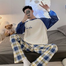 2'nd Pink 男款藍色小熊長袖格紋睡衣上下套裝 HX999
