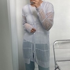 Tteugaejin 女款寬鬆抽針透膚長版針織開襟衫