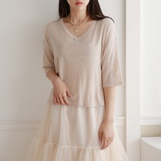 럽스 여성용 새디브이넥니트 베이직 5부소매 반팔 티셔츠