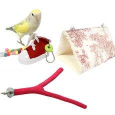Leaf Parrot 愛情鳥/虎皮鸚鵡/雀鳥 小床 + 彈弓造型磨爪棲木 + 帆布鞋 3件組, 紅色(床), 紅色(鞋), 02336(棲木), 1套