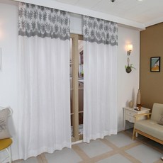 NASANDECO 抓皺刺繡亞麻平褶窗簾, 雪白色(窗簾), 灰色(刺繡), 隨機配送(窗簾綁帶)