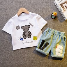 MK 兒童款獨特小熊短袖 + 牛仔短褲套裝